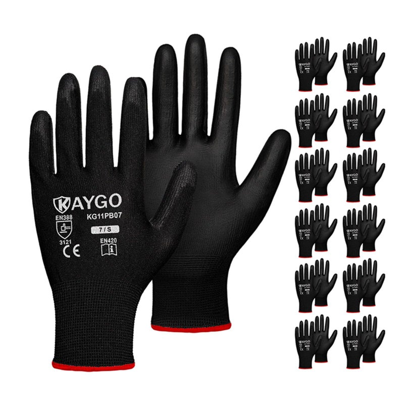 KAYGO Safety Work Gloves PU Coated,12 Pairs KG11PB Seamless Knit Glove for Men and Women, with Smooth Grip on Palm and Fingers, Ideal for General Duty Work (Small, Black) - Image 1